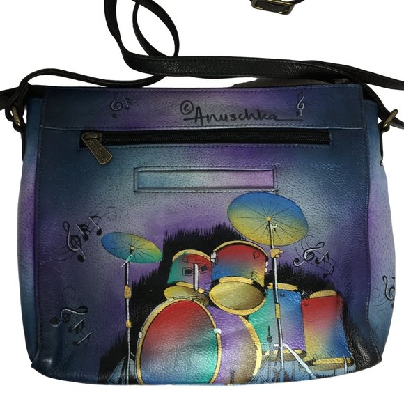 Anuschka NEVER USED Handpaint Leather Slim Crossbody Jazz Music Drum - Picture 3 of 12
